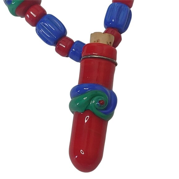 Beaded Art Glass Necklace Potion Bottle Charm Cork Red Blue Hippie Boho 11.5" - Picture 4 of 9